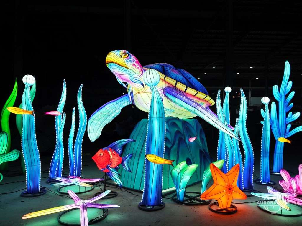 Colorful Turtle Sea Animal Lantern illuminated at night for theme park and festival parades