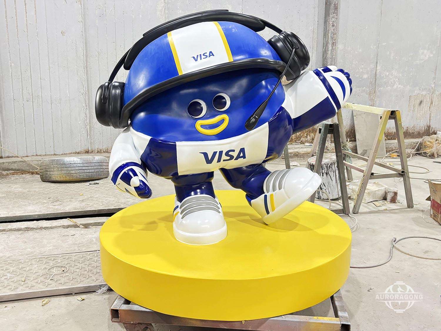 Customizable mascot fiberglass sculpture of blue VISA character