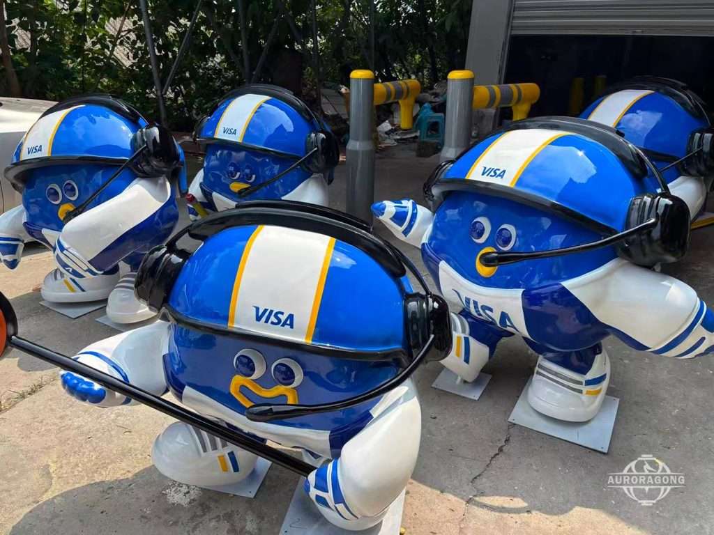 Detailed craftsmanship on blue VISA mascot fiberglass sculpture