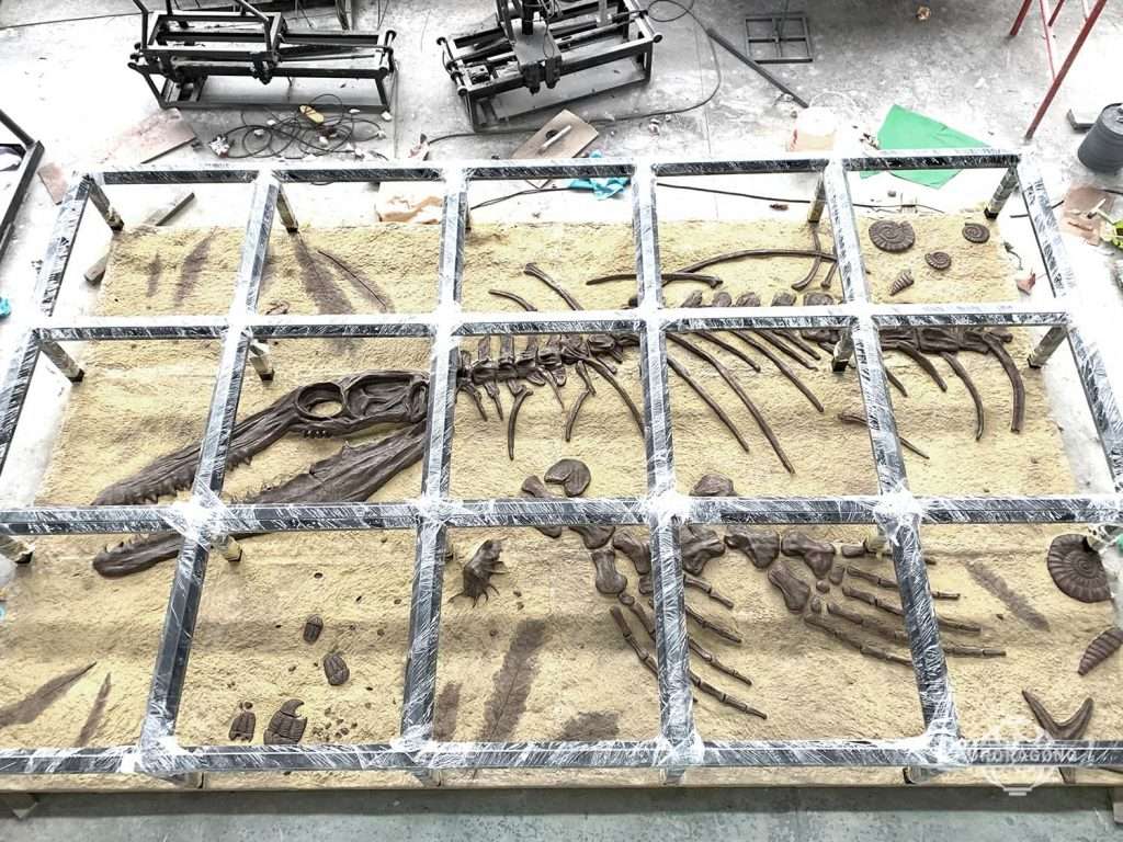 Hand-crafted dinosaur skeleton replica in educational exhibition