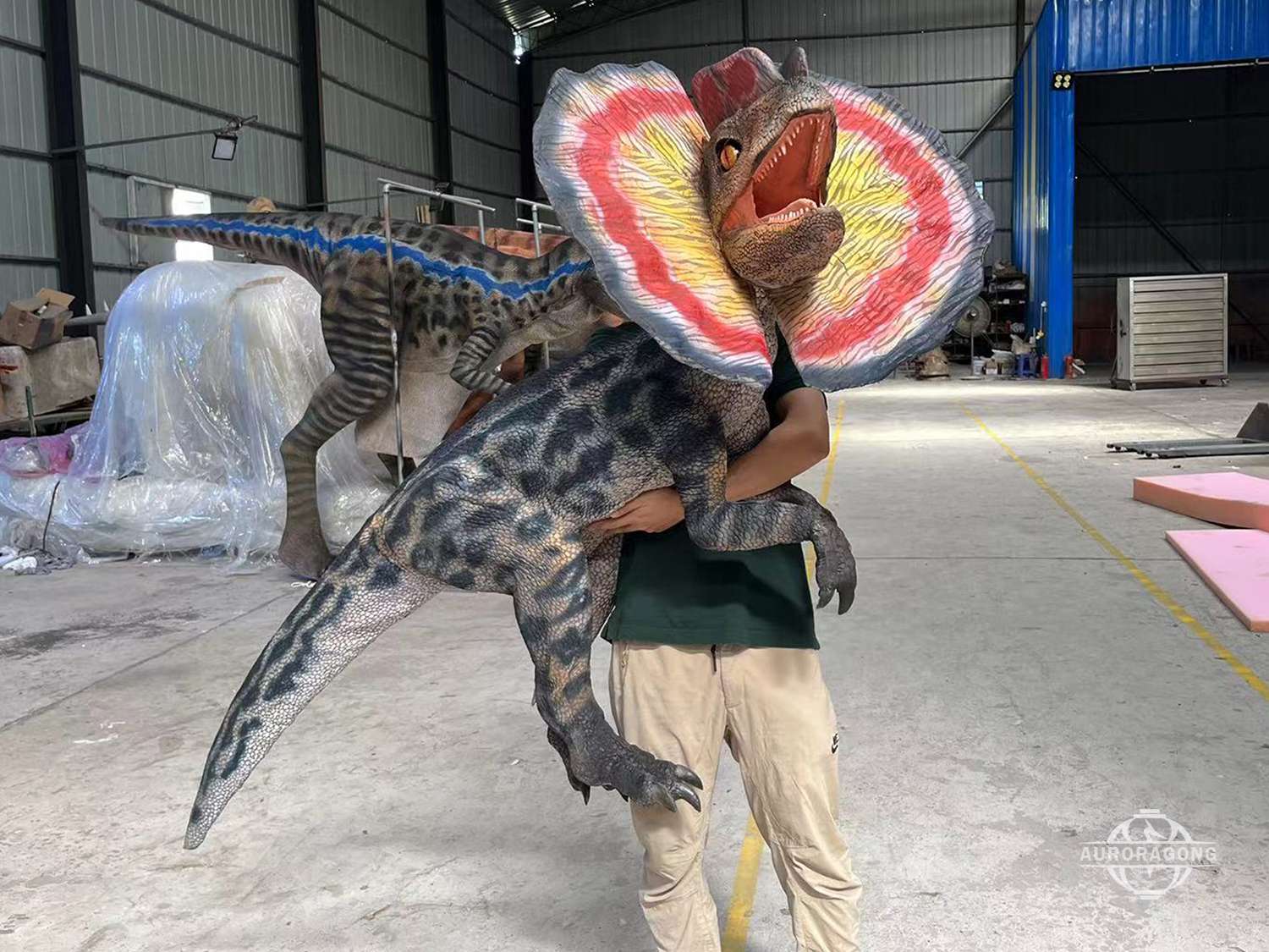 realistic dinosaur hand puppet Dilophosaurus model