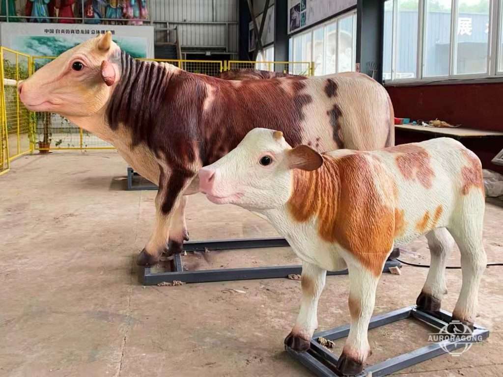 Life-sized animatronic cow in farm-themed exhibition