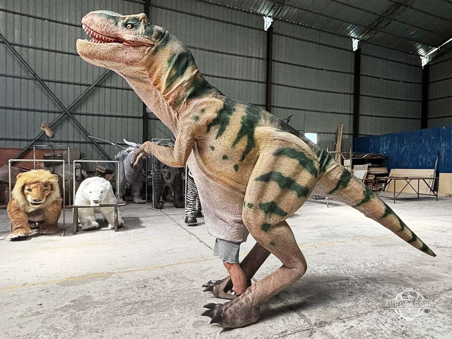 Realistic T-rex hidden legs costume for adults with lifelike texture