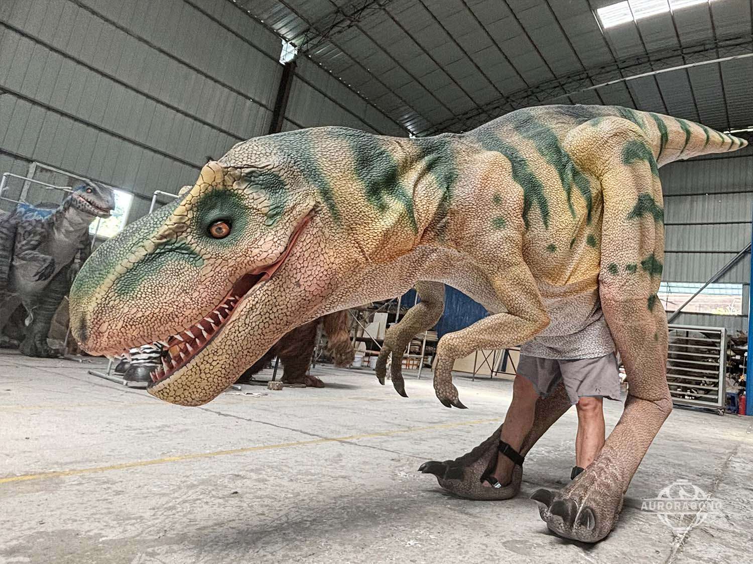 Close-up of T-rex costume detailed head and teeth features