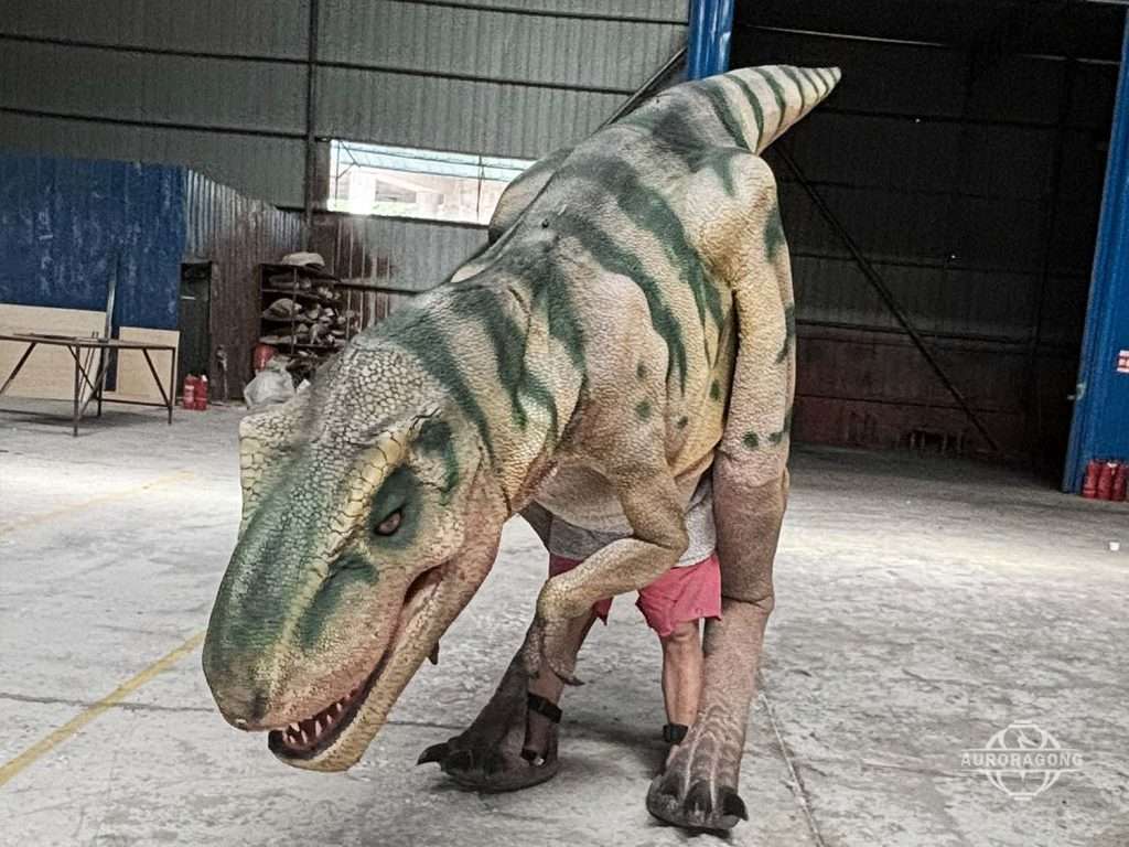 Adult T-rex costume showing hidden legs illusion