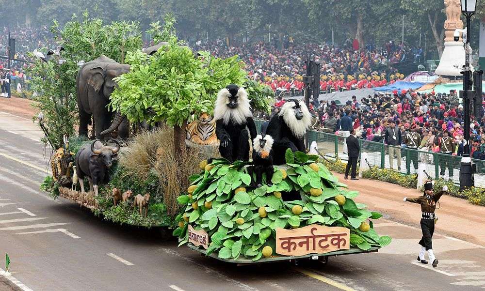 Zoo carnival parade with adult wearing realistic orangutan costume