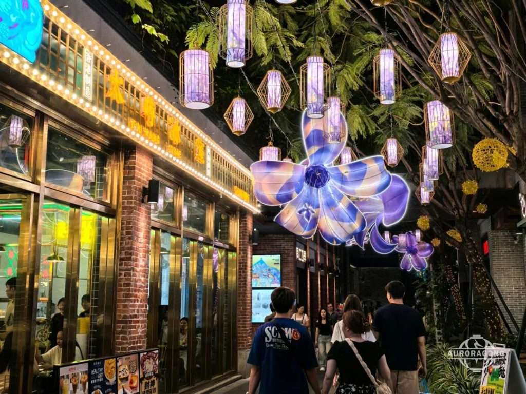 large LED flower lantern installation with colorful lighting