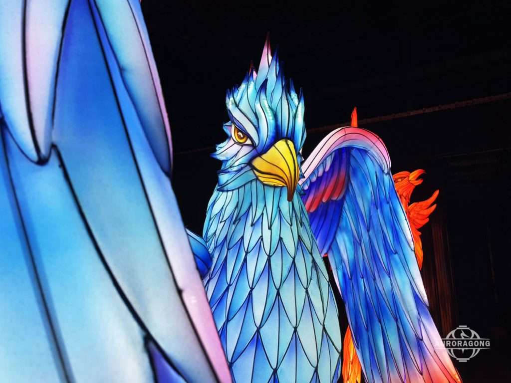 fantasy blue phoenix lantern installation for theme park