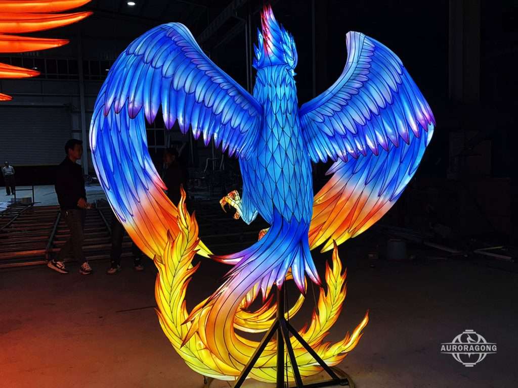 mythical phoenix lantern glowing in blue light
