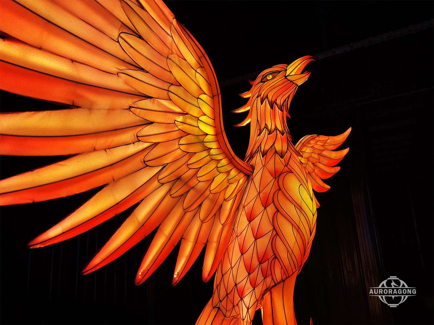 large phoenix lantern light sculpture glowing at night