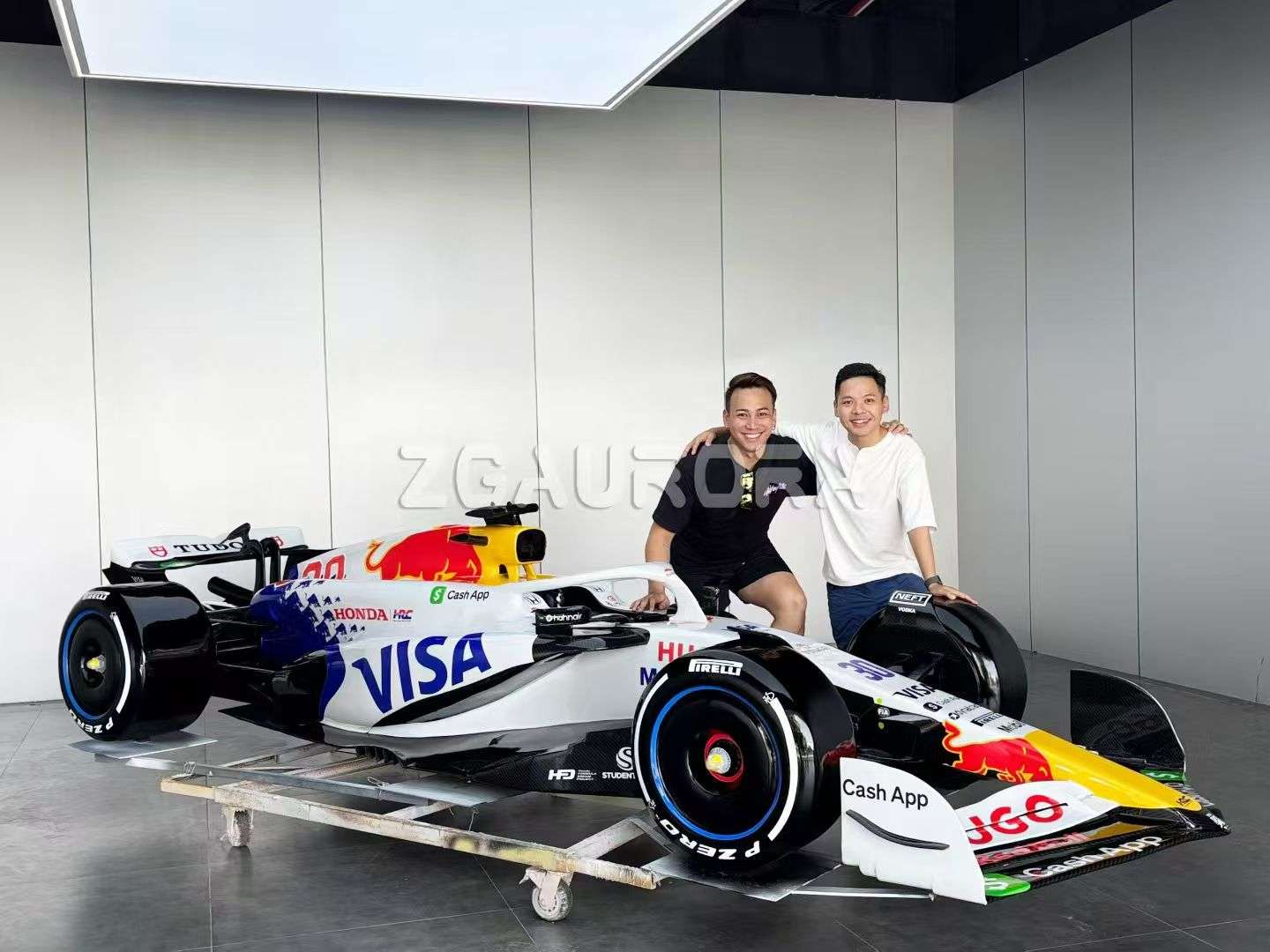 Customized 3D printed F1 racing car model sculpture with VISA sponsor livery and design team for promotional display