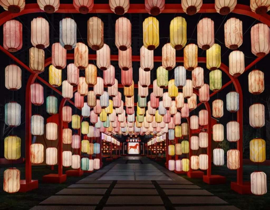 Traditional Chinese lanterns used in a high-end fashion exhibition space