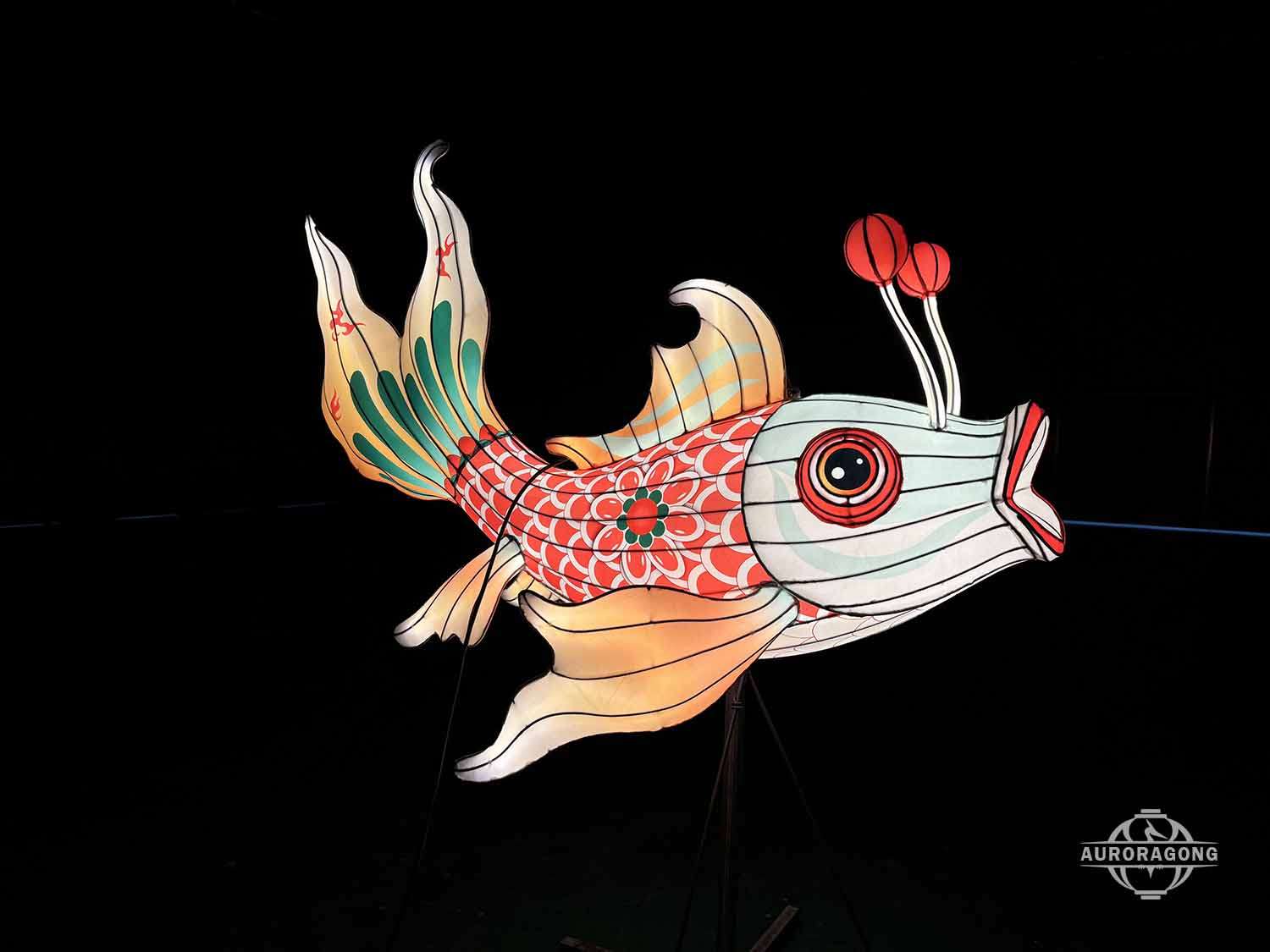 Illuminated carp lantern with glowing red and white scales and orange tail at night display