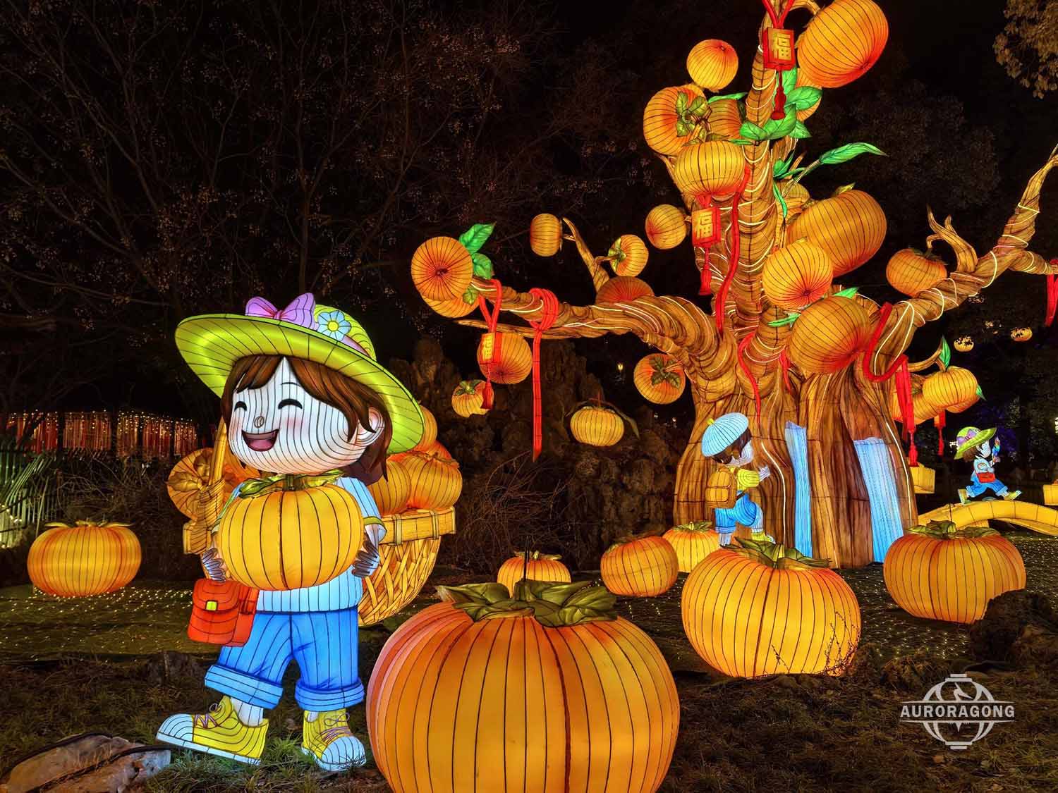 Halloween festival scene with illuminated pumpkin lanterns, scarecrow character, and fruit tree