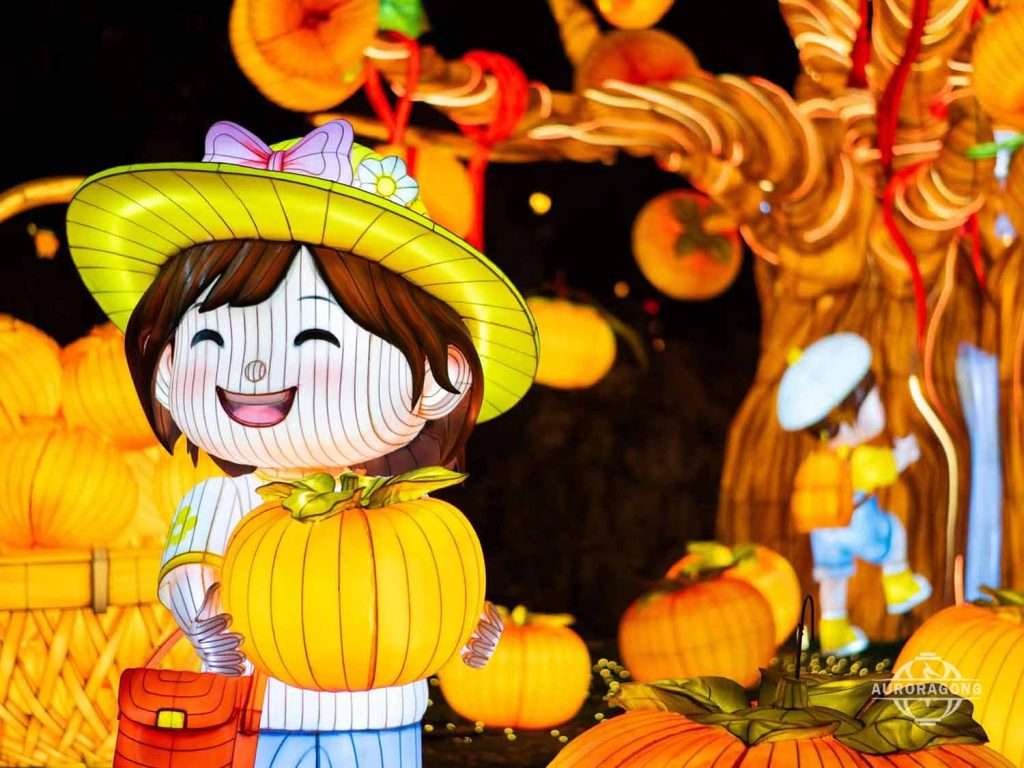 Cartoon girl lantern character holding a pumpkin with apple tree lanterns in the background