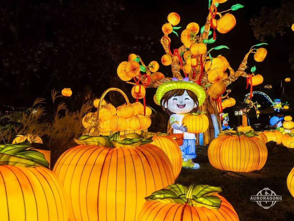 Custom illuminated persimmon tree lantern with golden persimmon fruits, pumpkins, and boy character at a night festival