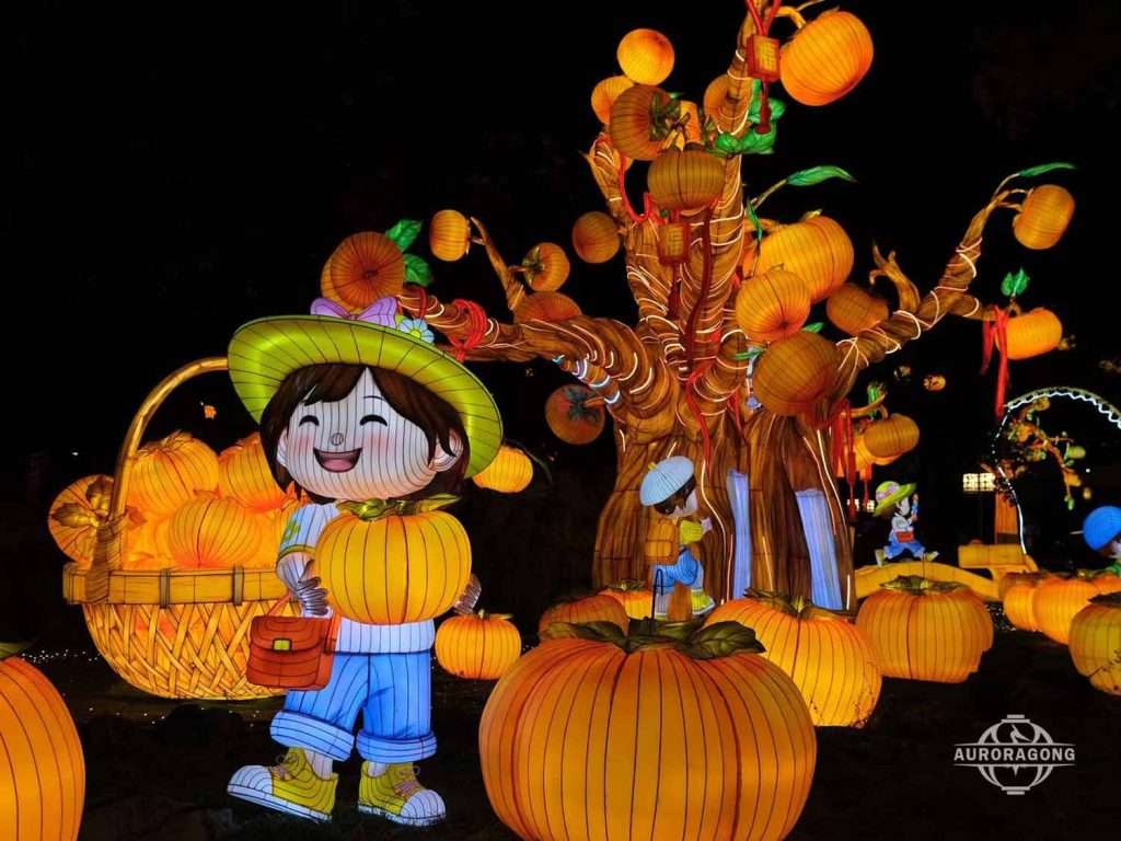 Custom illuminated persimmon tree lantern with girl holding basket, large pumpkins, and boy character at night