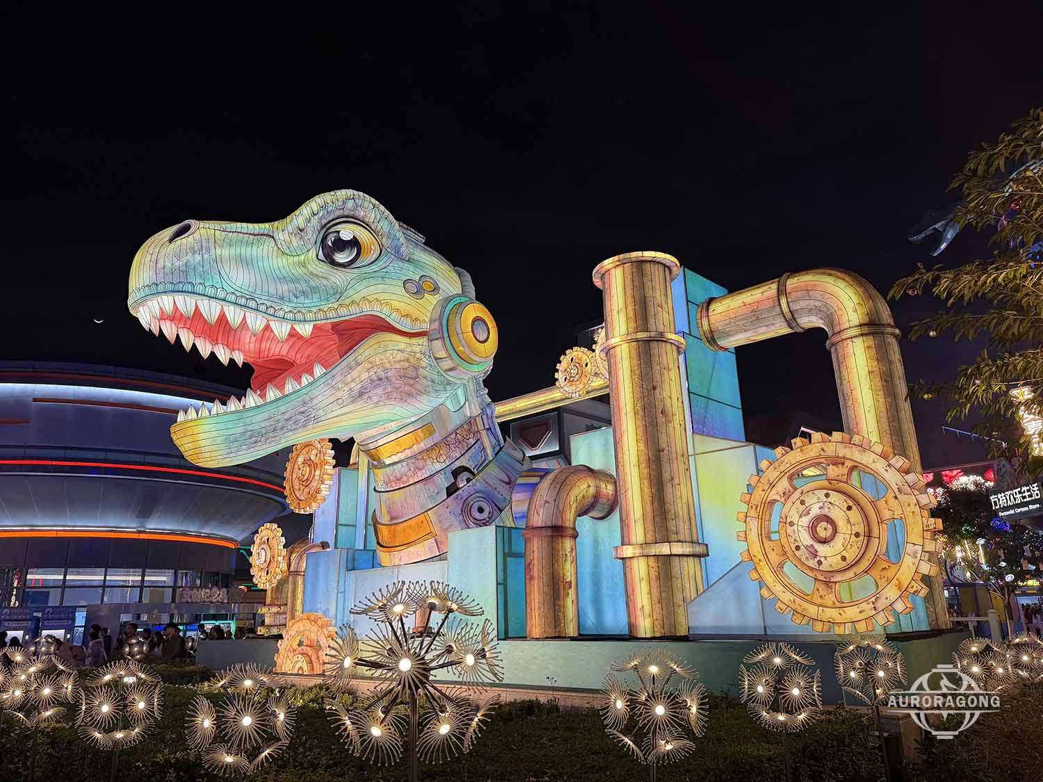 Punk Dinosaur Lantern after turning on the lights at night