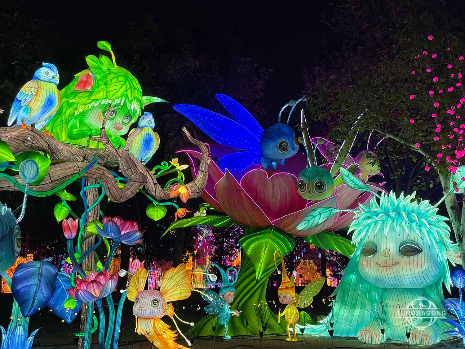 multi character elf lantern group installation display