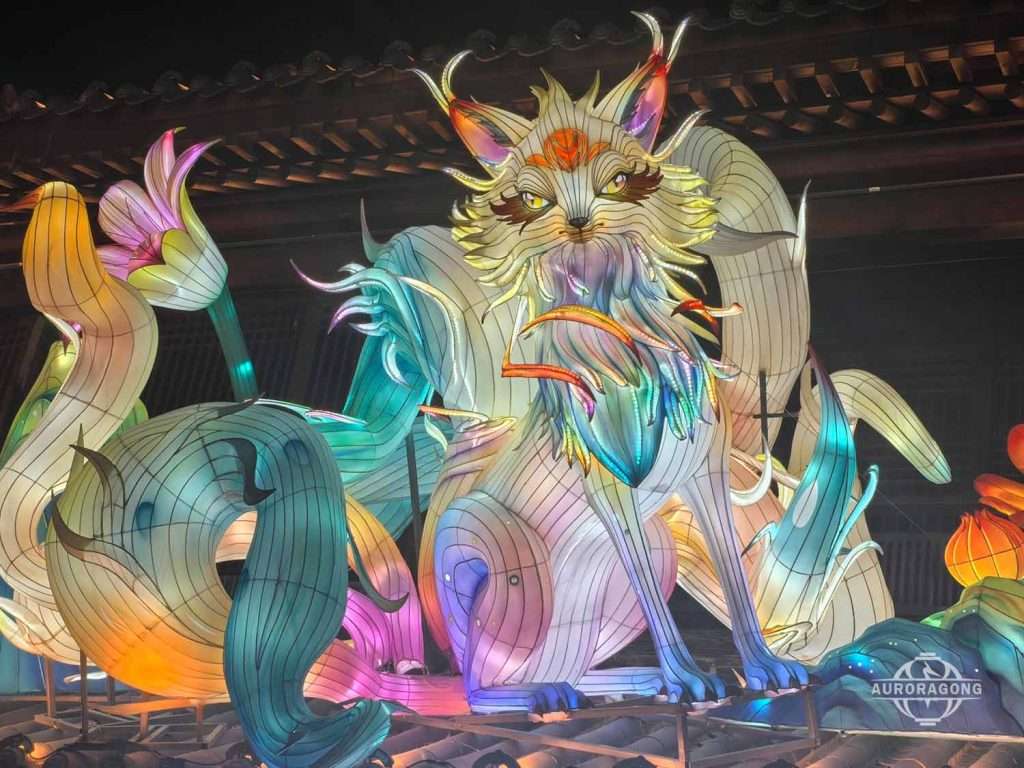 Detailed illuminated fox lantern with multicolored fur patterns and decorative flame elements