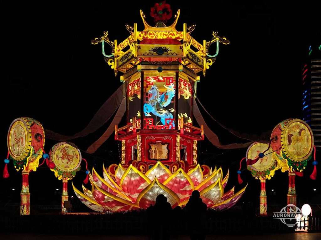 Large ornate Chinese palace lantern with dragons and lotus base for outdoor display
