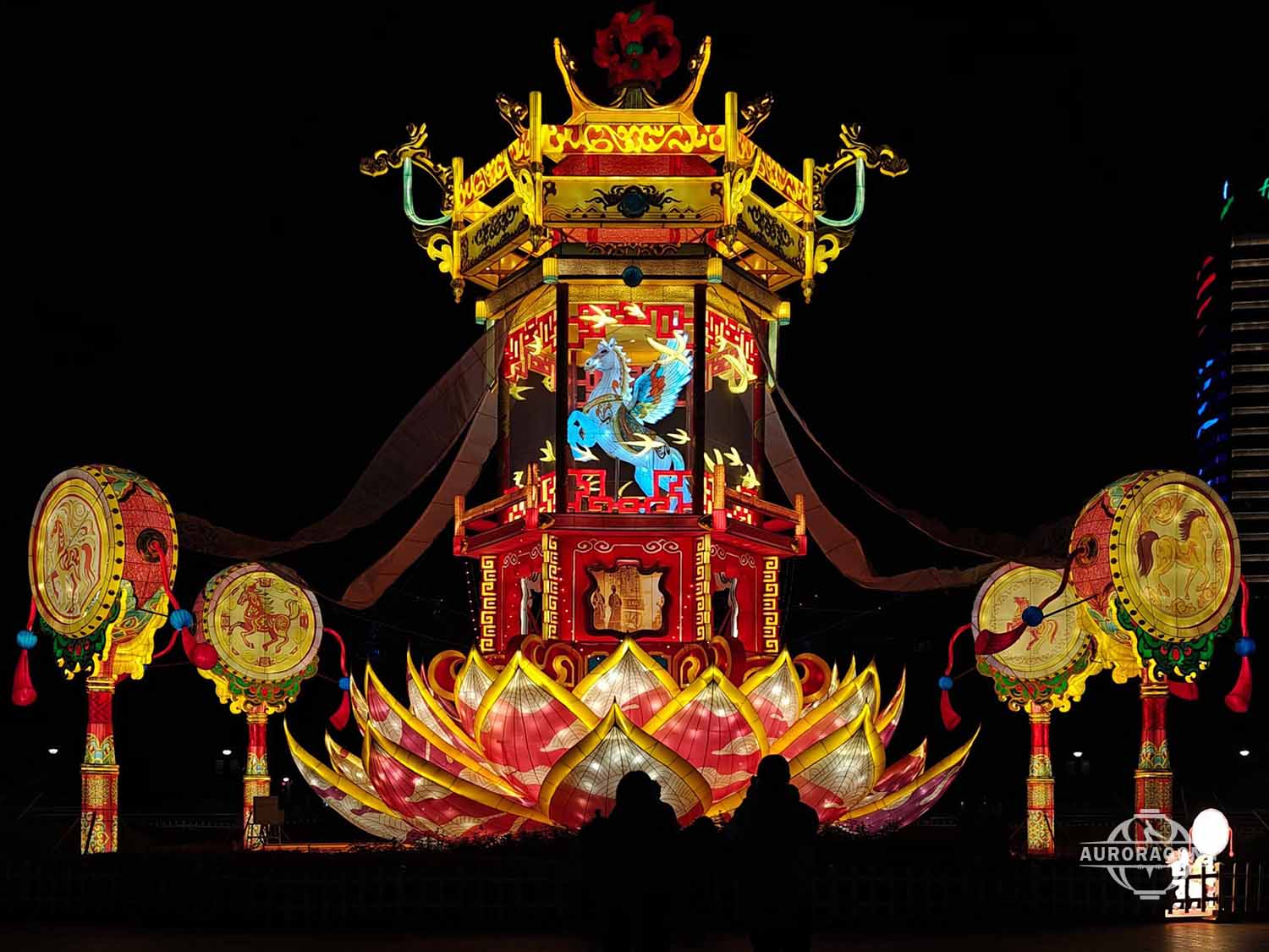 Large ornate Chinese palace lantern with dragons and lotus base for outdoor display