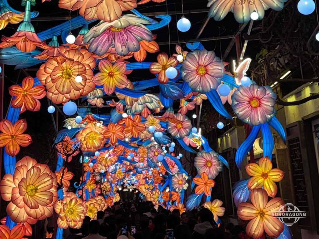 Overhead view of illuminated dense flower and blue leaf decorations with white ball lights at a city street passage