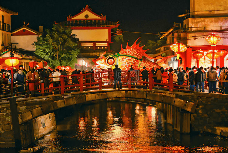The scene of tourists taking photos and making marks in front of the fish lanterns