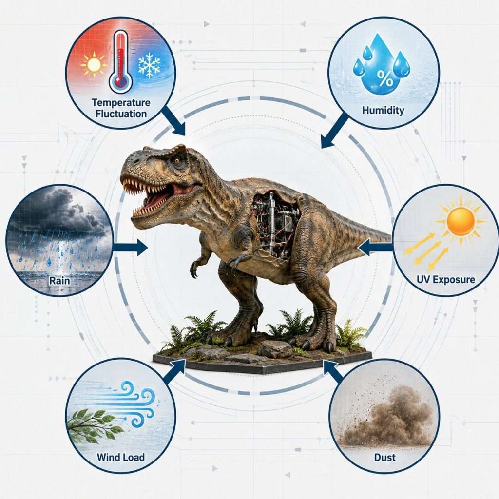Environmental factors affecting animatronic dinosaur performance