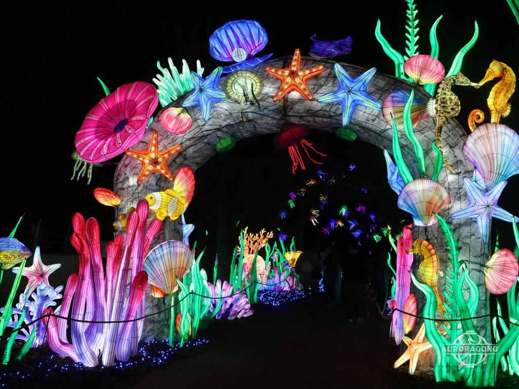 Wide view of illuminated ocean channel archway lantern with starfish, anemones, seahorse, and shell decorations