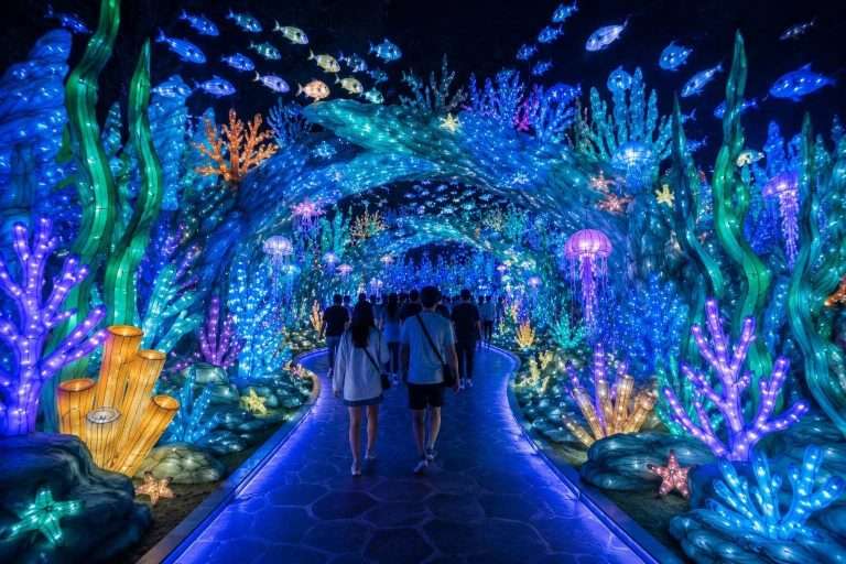 Walk-through underwater coral forest lighting tunnel immersive ocean themed lantern pathway design