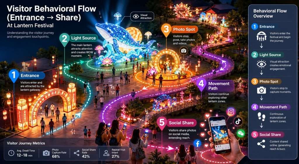 visitor behavioral flow in zigong lantern festival from entrance to social media sharing path diagram