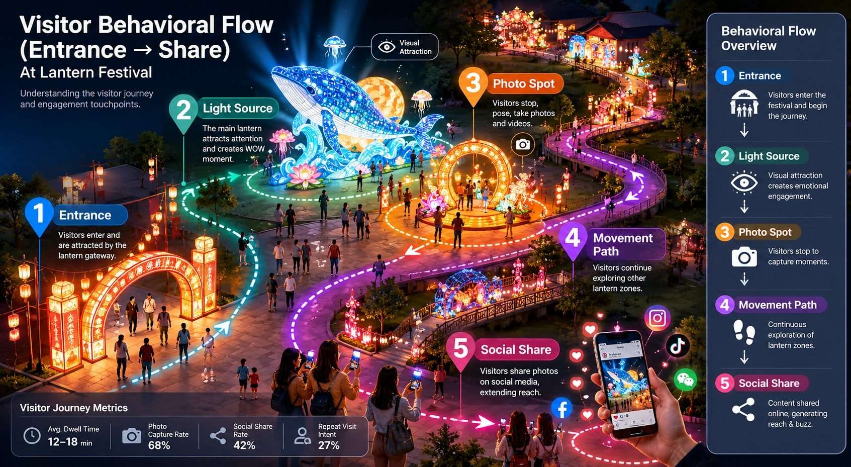 visitor behavioral flow in zigong lantern festival from entrance to social media sharing path diagram