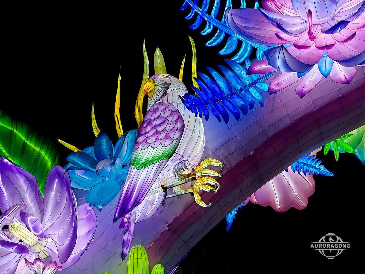 Illuminated phoenix bird lantern with colorful feathers surrounded by lotus flowers at night