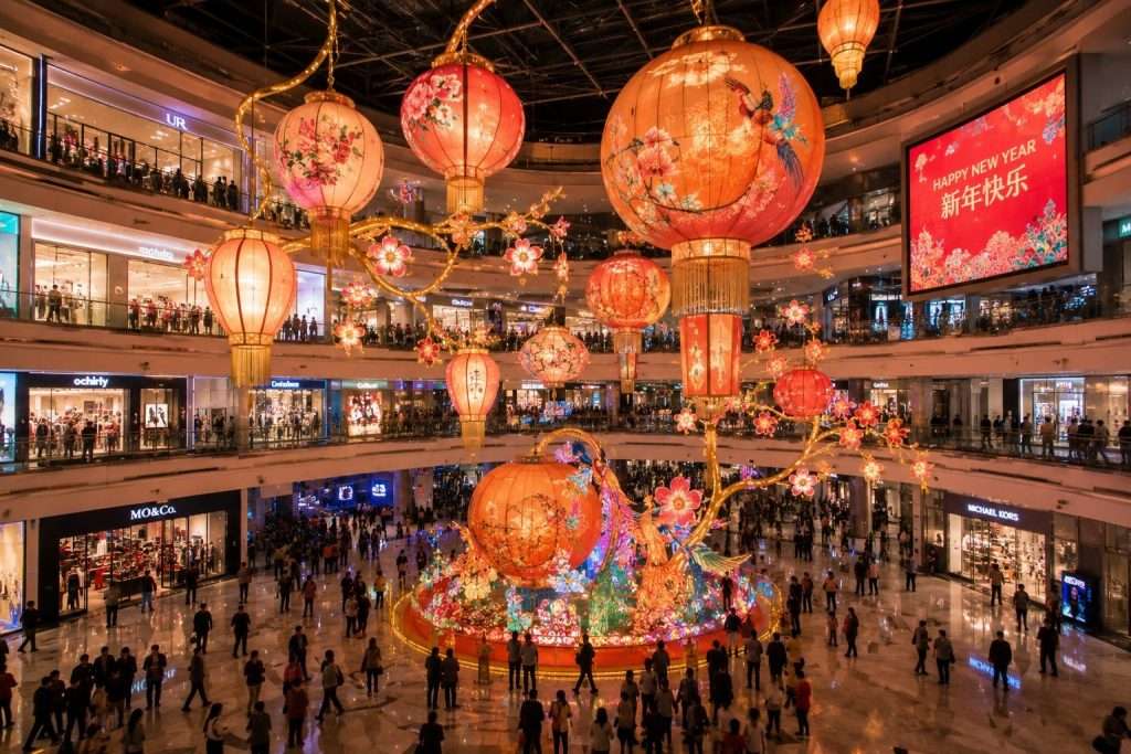 Commercial lantern installation inside a shopping mall with LED lighting