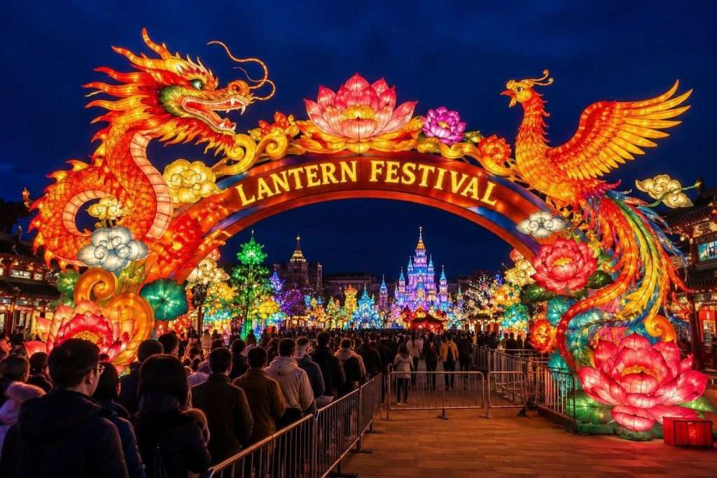 Illuminated dragon and phoenix archway lantern display at a theme park at night