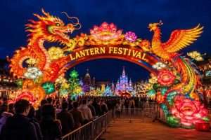 Illuminated dragon and phoenix archway lantern display at a theme park at night