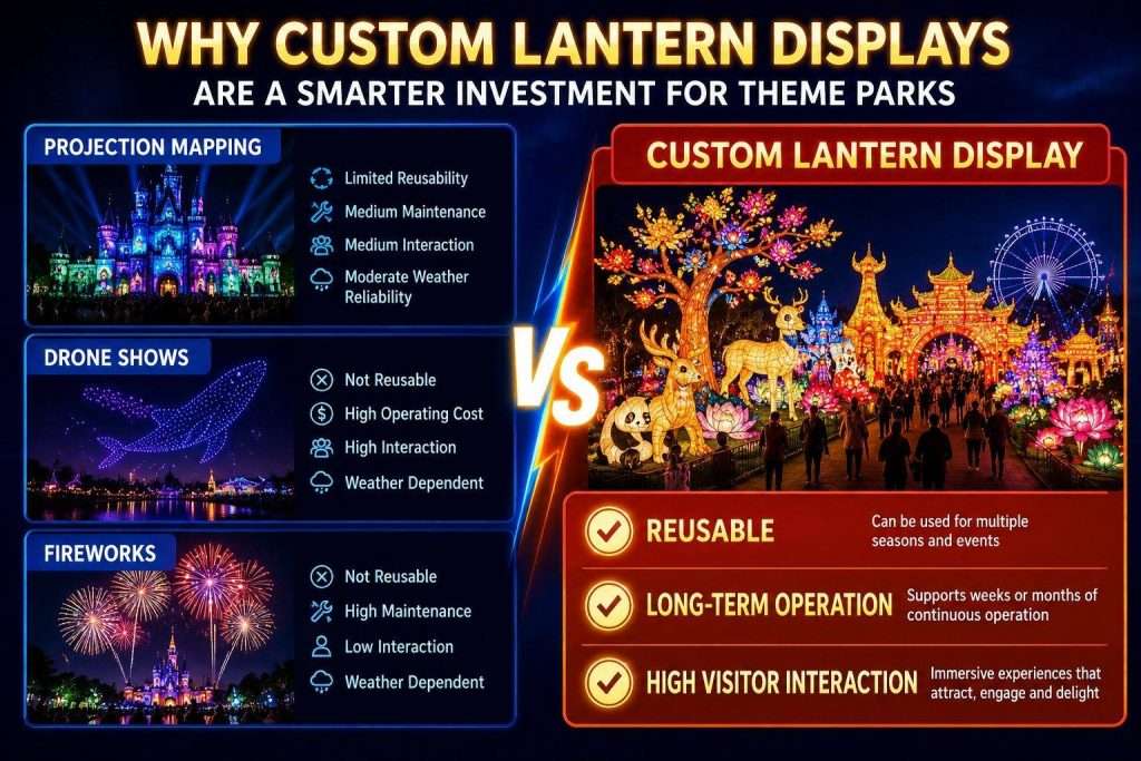 Custom lantern display compared with other nighttime attractions