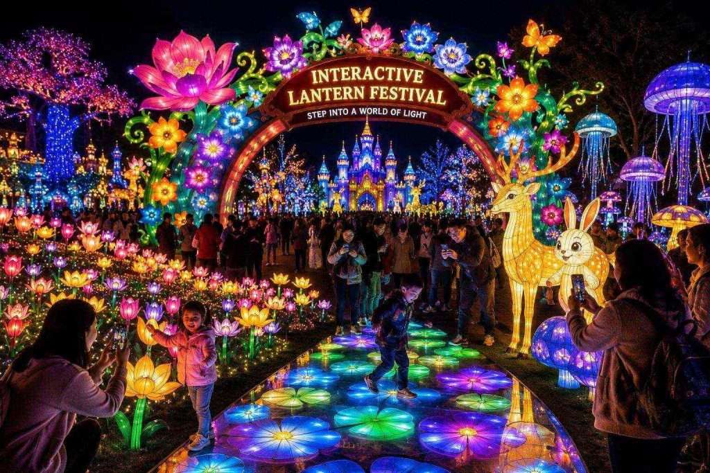 Visitors walking through an interactive lantern festival with illuminated animals, flowers, and a glowing pathway