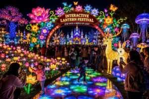 Visitors walking through an interactive lantern festival with illuminated animals, flowers, and a glowing pathway