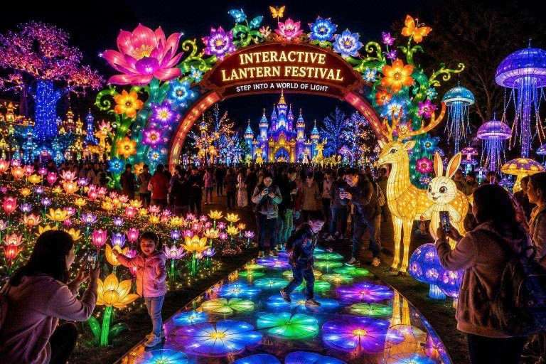 Visitors walking through an interactive lantern festival with illuminated animals, flowers, and a glowing pathway