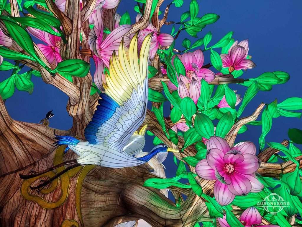 Close-up of an illuminated magnolia tree lantern featuring pink flowers and a colorful magpie bird