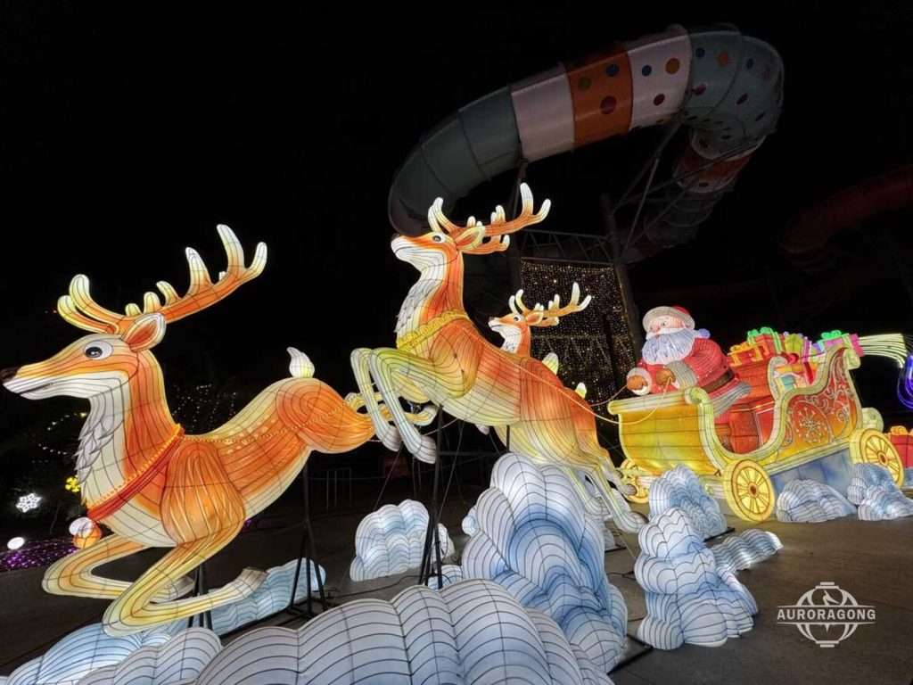 Flying reindeer pulling Santa sleigh lantern group with helicopter for Christmas festival display