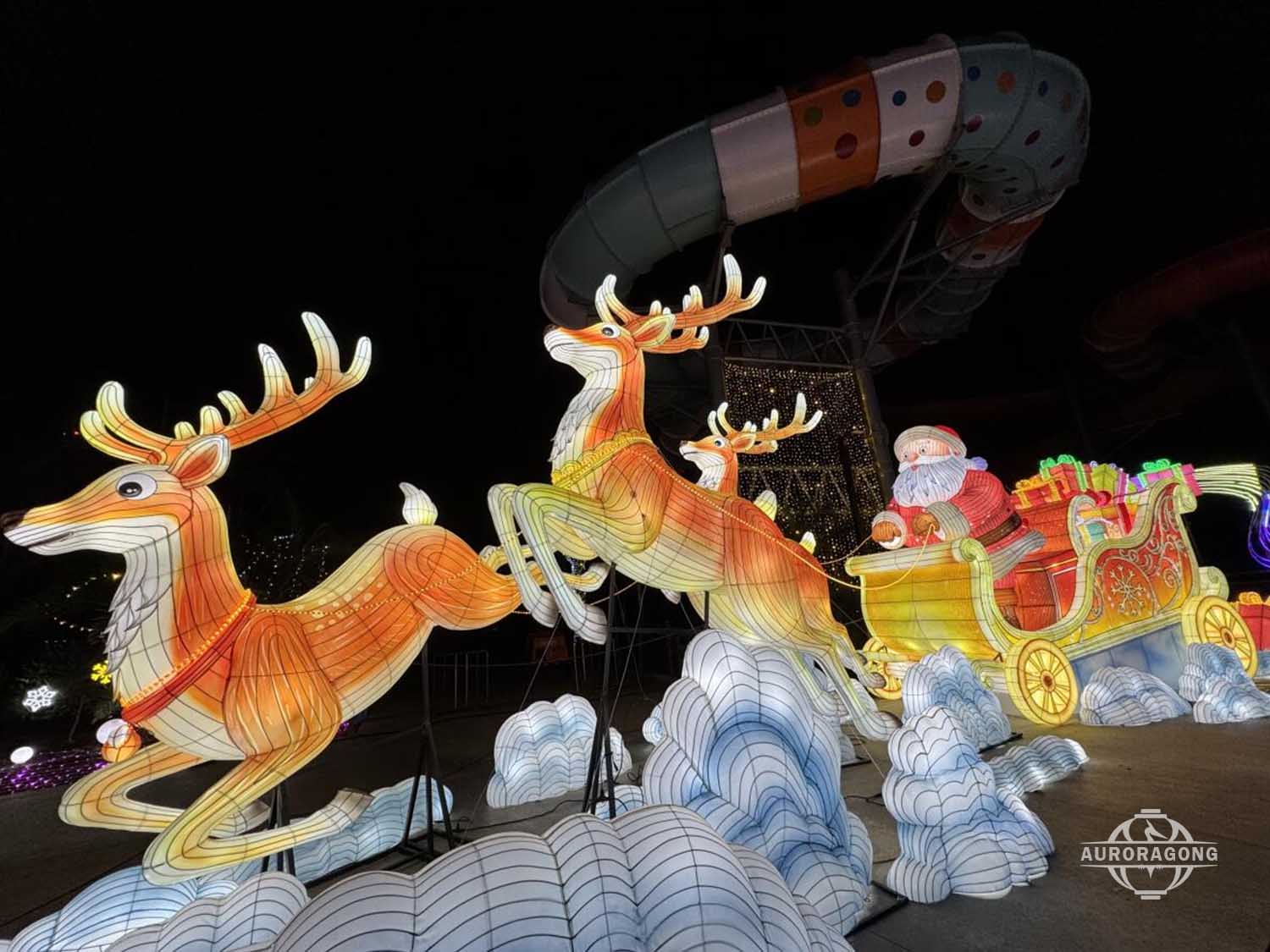 Flying reindeer pulling Santa sleigh lantern group with helicopter for Christmas festival display