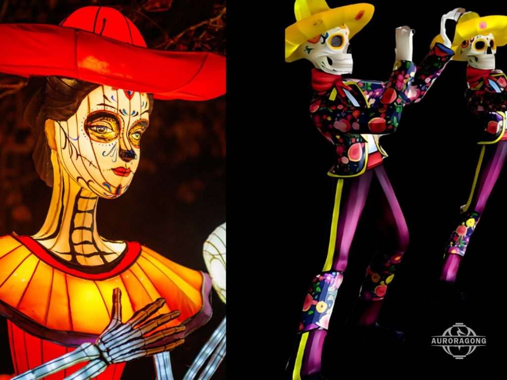 Day of the Dead Halloween lanterns featuring La Catrina skeleton and dancing mariachi skeleton figures