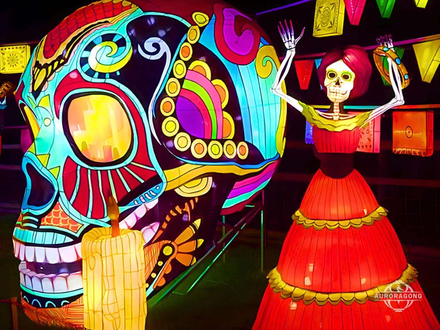 Day of the Dead Halloween lantern with a vibrant sugar skull and a skeleton dancer in a flamenco dress