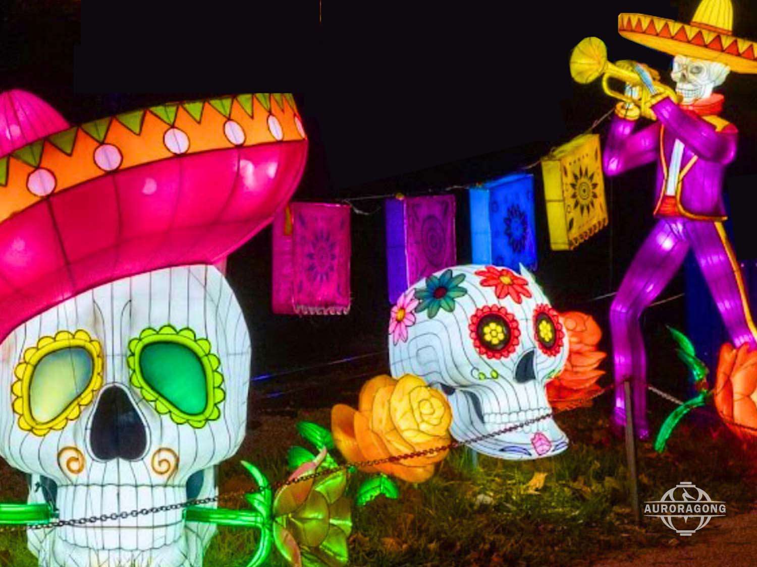 Day of the Dead Halloween lantern scene with sugar skull decorations, mariachi skeleton figure, and colorful papel picado banners