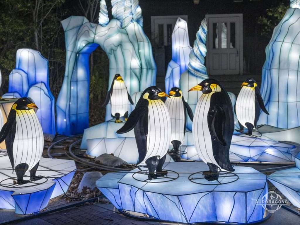 Penguin Lantern Family on Iceberg Platform - Arctic Light Display