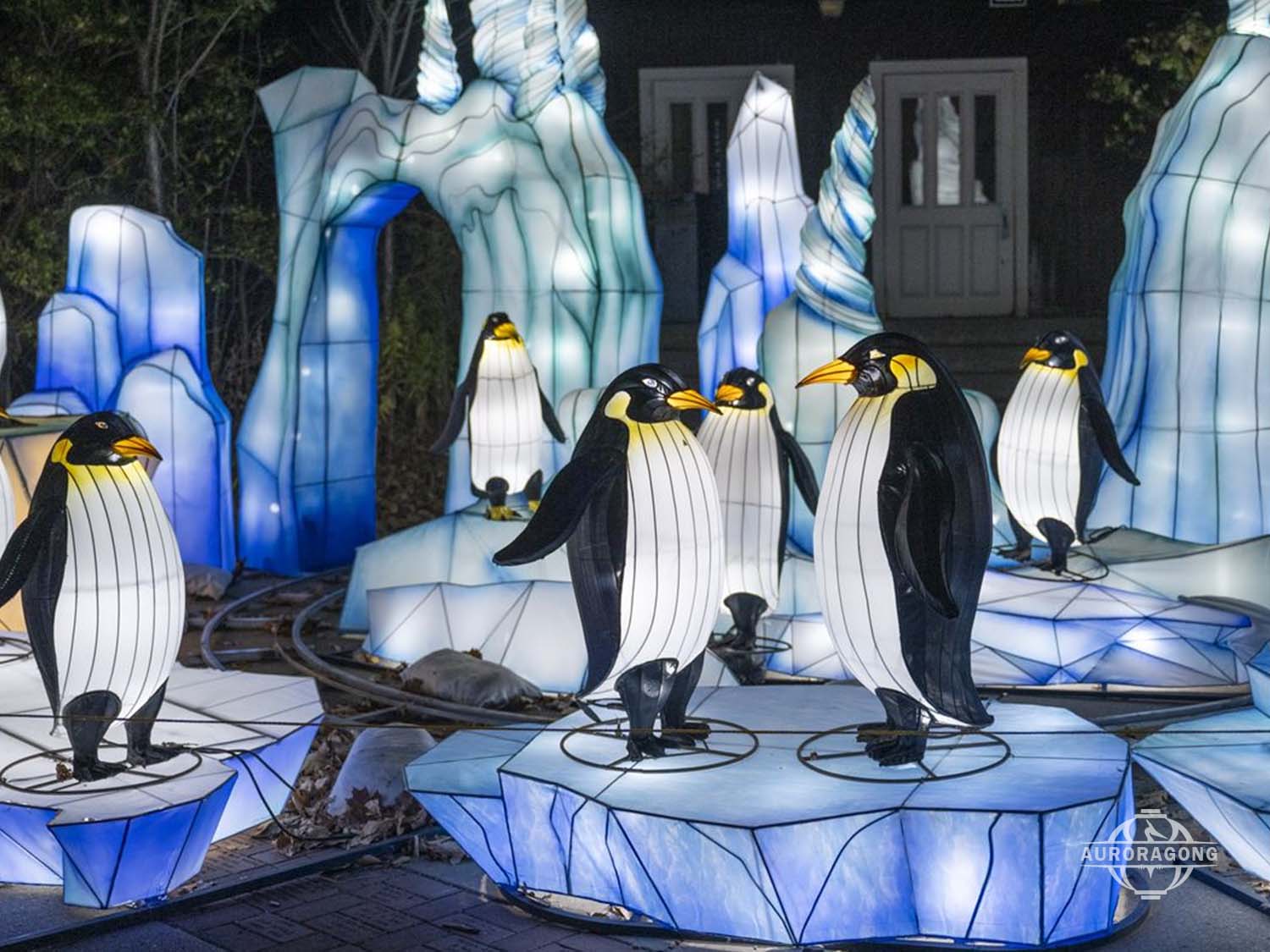Penguin Lantern Family on Iceberg Platform - Arctic Light Display